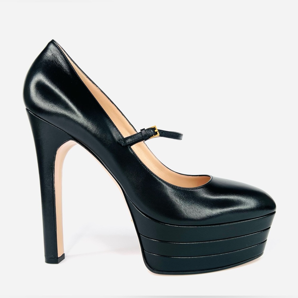 Gucci Plato Malaga Leather Platform Mary Jane Marmont Heel Pumps Size EU 41